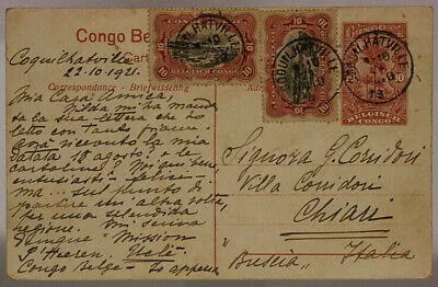 POSTAL HISTORY BELGIAN CONGO POSTCARD FROM COQUILHATVILLE TO ITALY 1921 #SP612