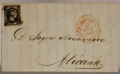 POSTAL HISTORY SPAIN 6 CUARTOS 1851 LETTER FROM BARCELONA TO ALICANTE #SP539