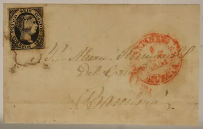 POSTAL HISTORY SPAIN 6 CUARTOS 1851 LETTER FROM CARTAGENA TO BARCELONA #SP523