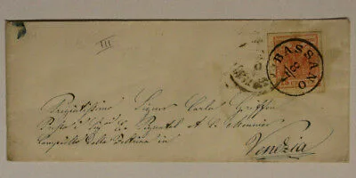 Storia Postale busta Lombardo Veneto 15 Centesimi 1850 da Bassano a Venezia #SP218