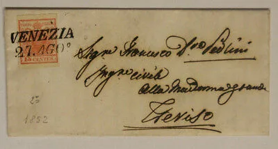 Storia Postale Lettera del Lombardo Veneto 15 Centesimi 1850 da Venezia a Treviso #SP227