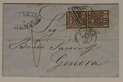 Stato Pontificio lettera viaggiata da Roma a Genova con Coppia 5 Baiocchi 1852 #SP144