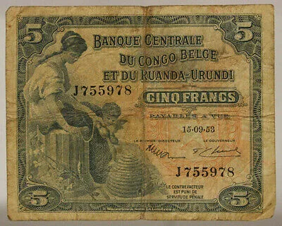 CONGO BELGA 5 FRANCHI 1953 fine #B36