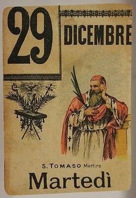 FOGLIO DI CALENDARIO Santo del giorno San Tommaso Martire 29 DICEMBRE “900 #SA489