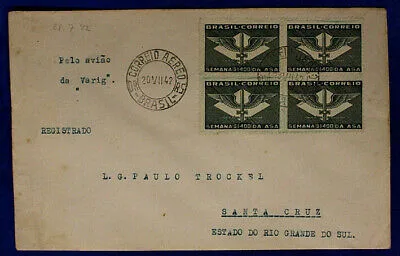 Storia Postale Brasile Posta Aerea quartina 4 x 400 Reis 1942 #SP773
