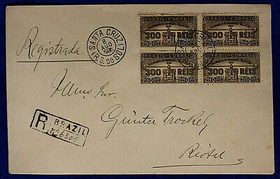 Storia Postale Raccomandata Brasile Santa Cruz Quartina da 300 Reis 1936 #SP779
