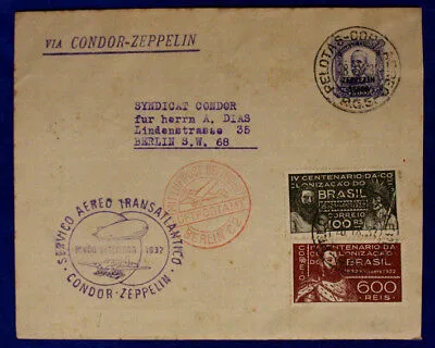 Storia Postale Busta viaggiata Pelotas Brazil a Berlino via Zeppelin Condor Servico Aereo Transatlantico 1932 #SP181