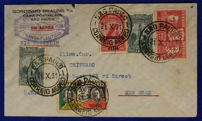 Busta Viaggiata via Zeppelin San Paolo Brasile New York Servico Aereo Transatlantico Zeppelin Condor #SP197