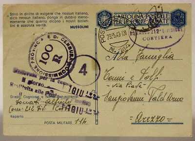 POSTA MILITARE n. 114 TIMBRO DEL COMANDO 212^ DIVISIONE COSTIERA 29.5.1943 #XP74
