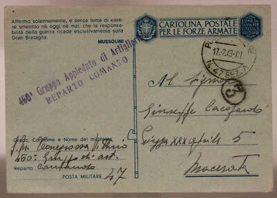 POSTA MILITARE n. 47 SEZ. A 17.2.1943 BOLLO DI REPARTO YUGOSLAVIA #XP110A
