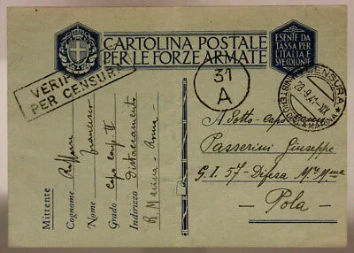 FRANCHIGIA MILITARE WW2 TIMBRI DI CENSURA MINISTERO MARINA 23.9.1941 #XP97A