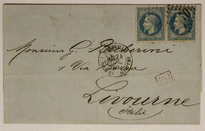 Storia Postale 2 x 20 Centesimi 1869 da Marsiglia a Livorno #SP143