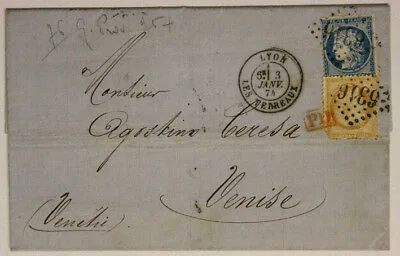 Storia Postale 5 e 25 Centesimi 1874 da Lione a Venezia #SP179