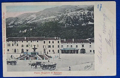 MANIAGO Piazza Maggiore carrozza carri viaggiata 1905 f/p foto F. Sina G. #19686