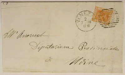 Storia Postale Regno 20 Centesimi 1878 N.196 Venezia Udine Frammento #SP24