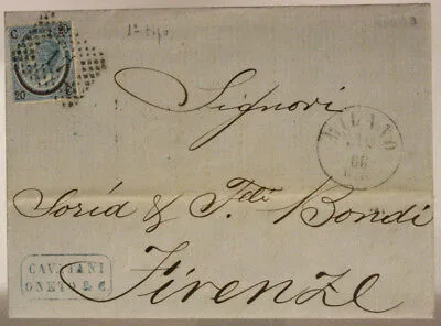 Storia Postale Regno 20 Centesimi su 15 1866 N.17 Milano – Firenze Lettera #SP300