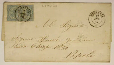 Storia Postale Regno coppia da 15 Centesimi Londra 1864 Barletta – Napoli #SP765