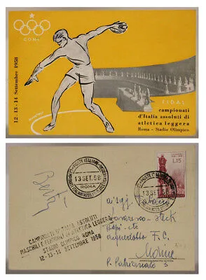 CARTOLINA CON ANNULLO CAMPIONATI D’ ITALIA ATLETICA LEGGERA ROMA 1958 #17747