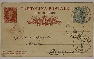 Cartolina Postale da 10 + 5 Centesimi 1879 Pieve di Cadore-Cortina (Tirol) #SP26