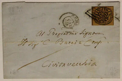 Storia Postale Stato Pontificio 5 Baiocchi Baj 1860 da Roma a Civitavecchia #SP219