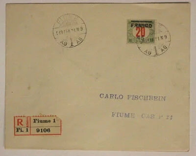 Storia Postale Busta Raccomandata da Fiume affrancata con  45 Franco su 20 Filler 21 Febbraio 1919 #SP162