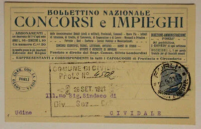 Cartolina Pubblicitaria 25 Centesimi 1921 Bollettino Concorsi e Impieghi #18213