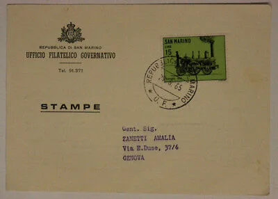 Storia Postale San Marino 15 Lire 1965 da Ufficio Filatelico a Genova #SP167