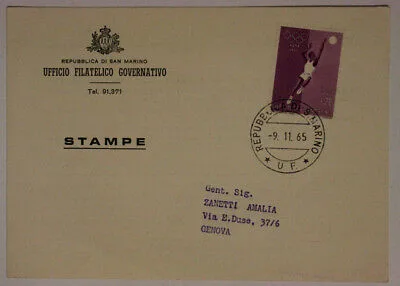 Storia Postale San Marino 20 Lire 1965 da Ufficio Filatelico a Genova #SP168