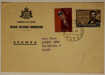 Storia Postale San Marino 5 – 10 Lire 1964 da Ufficio Filatelico a Milano #SP164