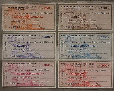 SERIE COMPLETA 6 VALORI MINIASSEGNI BANCA POPOLARE UDINESE 05/5/1977 FDS #SA267