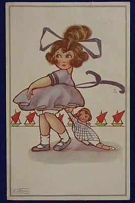 ILLUSTRATA AZZONI N. BAMBINA CON BAMBOLA VIAGGIATA fp ANNI 10 #17177