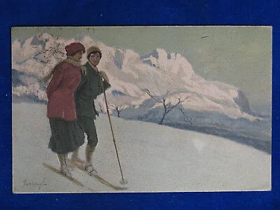 SPORT INVERNALI illustrata COPPIA SCIATORI viaggiata, 1916 f/p #14687