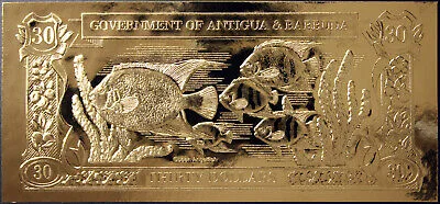 ANTIGUA E BARBUDA 30 DOLLARI 1981 PESCE ANGELO LAMINA D’ORO SU CARTA FDS #B101