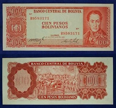 Bolivia 100 Pesos Bolivianos 13/07/1962 Q.FDS Pick#164 #B1475