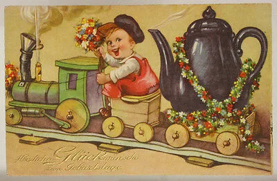 illustrata BAMBINO TRENO BUON COMPLEANNO VIAGGIATA f/p ANNI 30 #19189