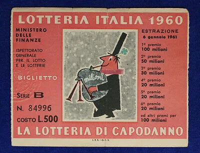 Biglietto LOTTERIA DI CAPODANNO 1960 Estrazione 6 Gennaio 1961 #SP353