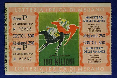 Biglietto LOTTERIA IPPICA DI MERANO 29 Settembre 1957 #SP422