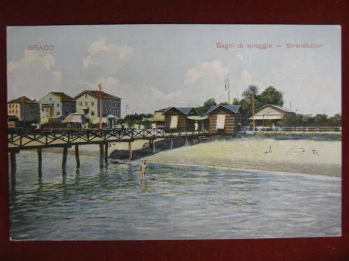Grado Bagni di Spiaggia anni 10 non viaggiata animata #13811