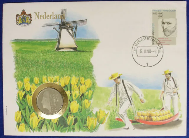 Busta Numismatica Olanda Nederland Niederlande 1 Gulden 1989 + Francobollo #2