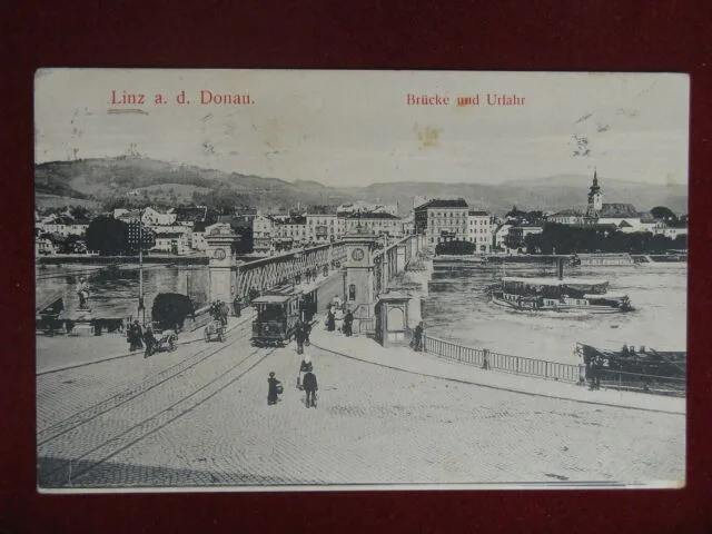 LINZ Austria Brucke und Urfahr viaggiata 1909 #11264