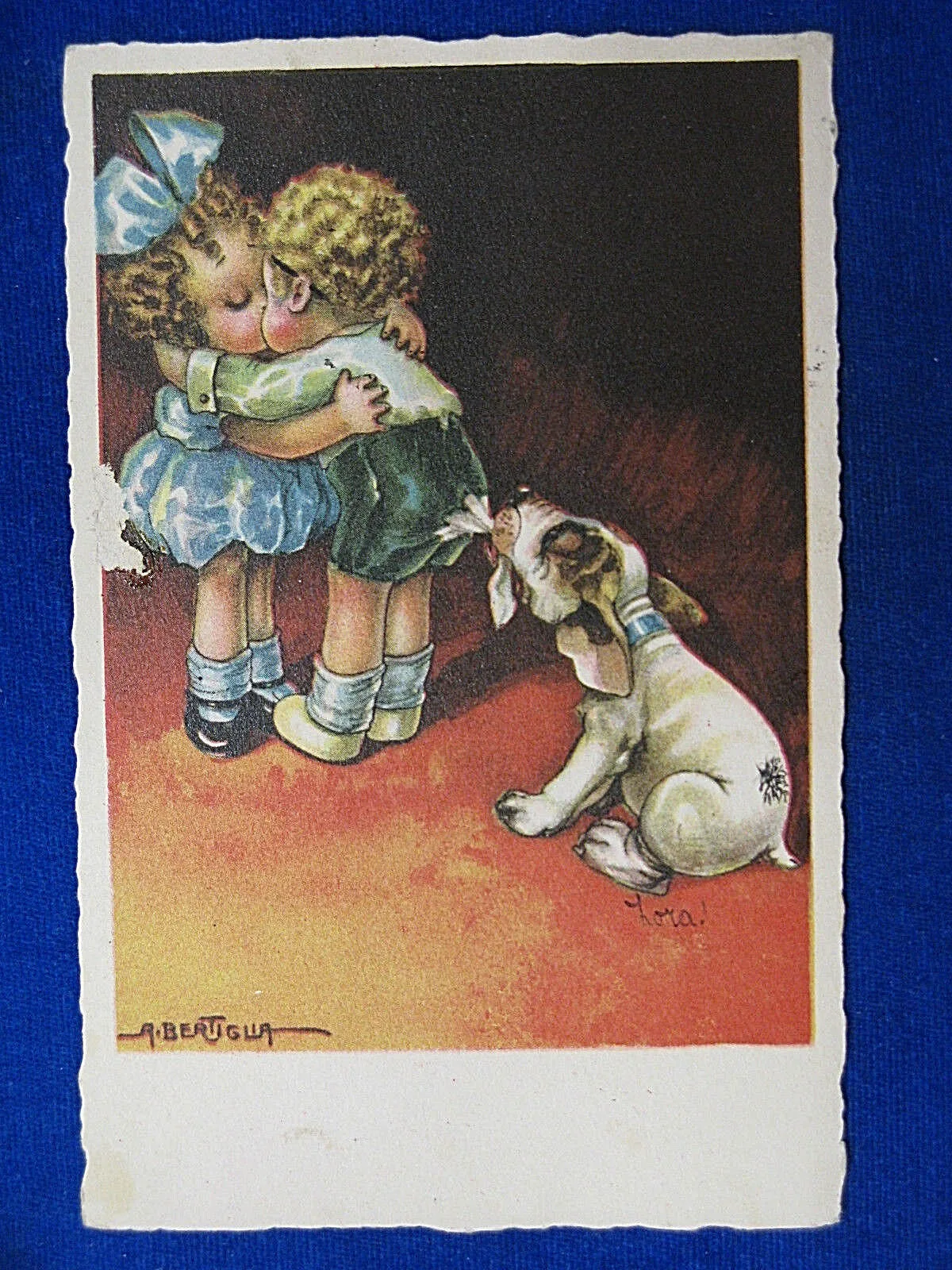 illustrata BERTIGLIA A. Bimbi e cagnolino viaggiata anni 30 f/p #14598