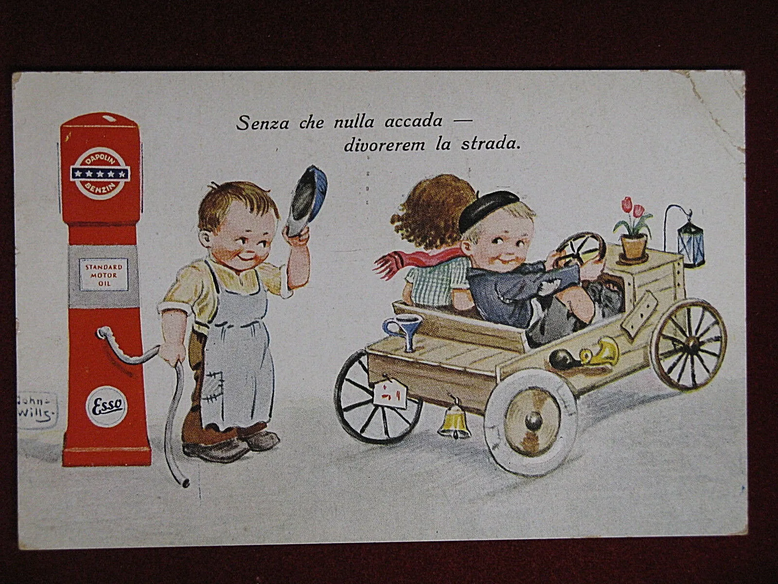 ESSO GAS bambini illustratore J. Wills viaggiata, anni 30 #13318