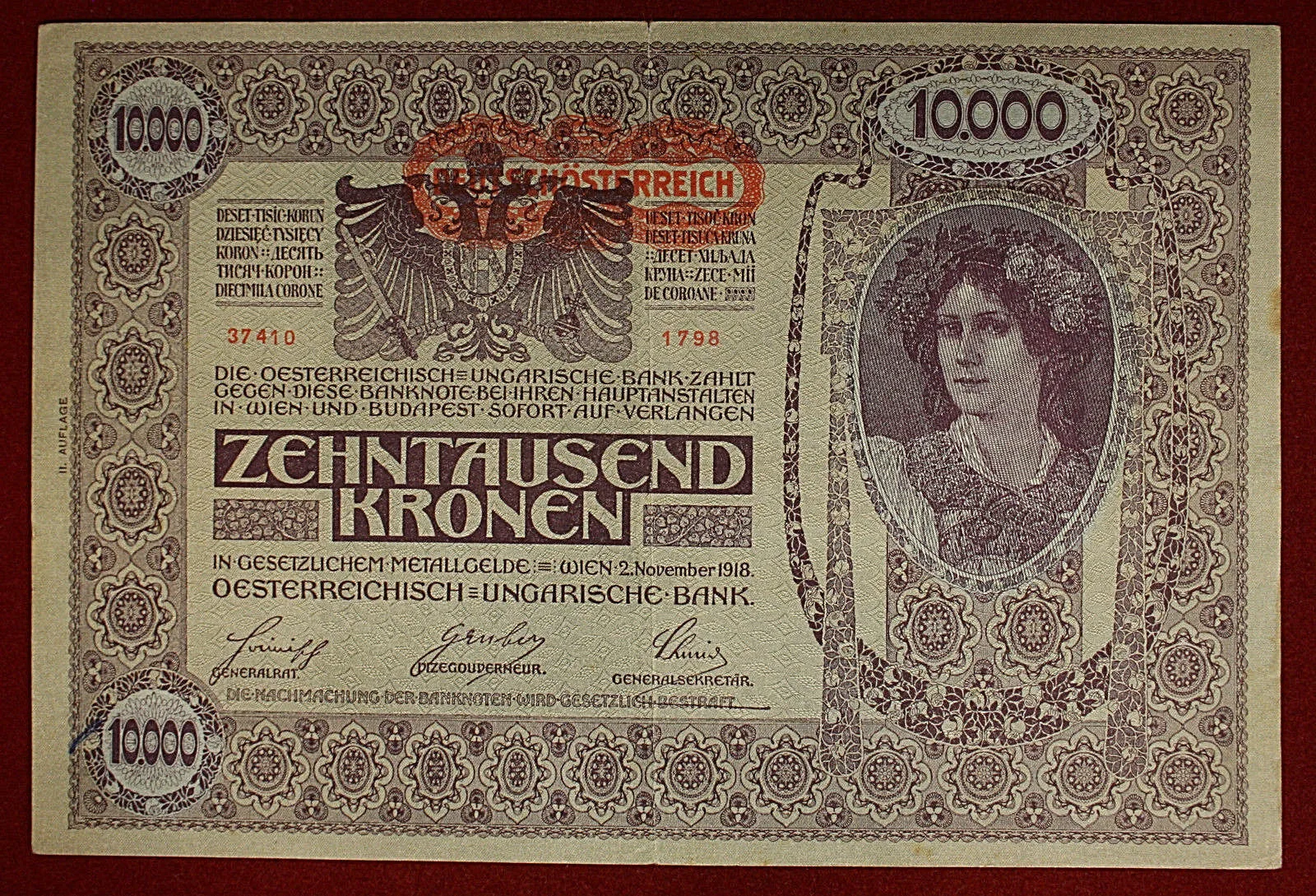 Impero Austro-Ungarico 10.000 Corone 1918 1 Rep. 2° Auflage #B607