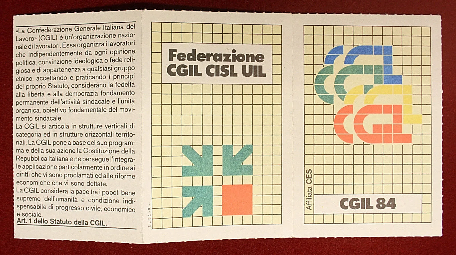 Tessera CGIL 1984 Verona Confederazione Generale Italiana del Lavoro #T324