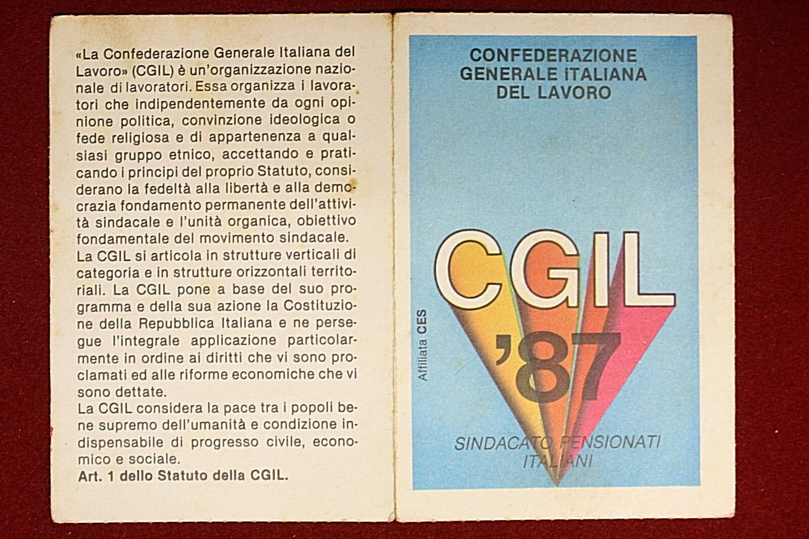 Tessera CGIL 1987 Verona Confederazione Generale Italiana del Lavoro #T323