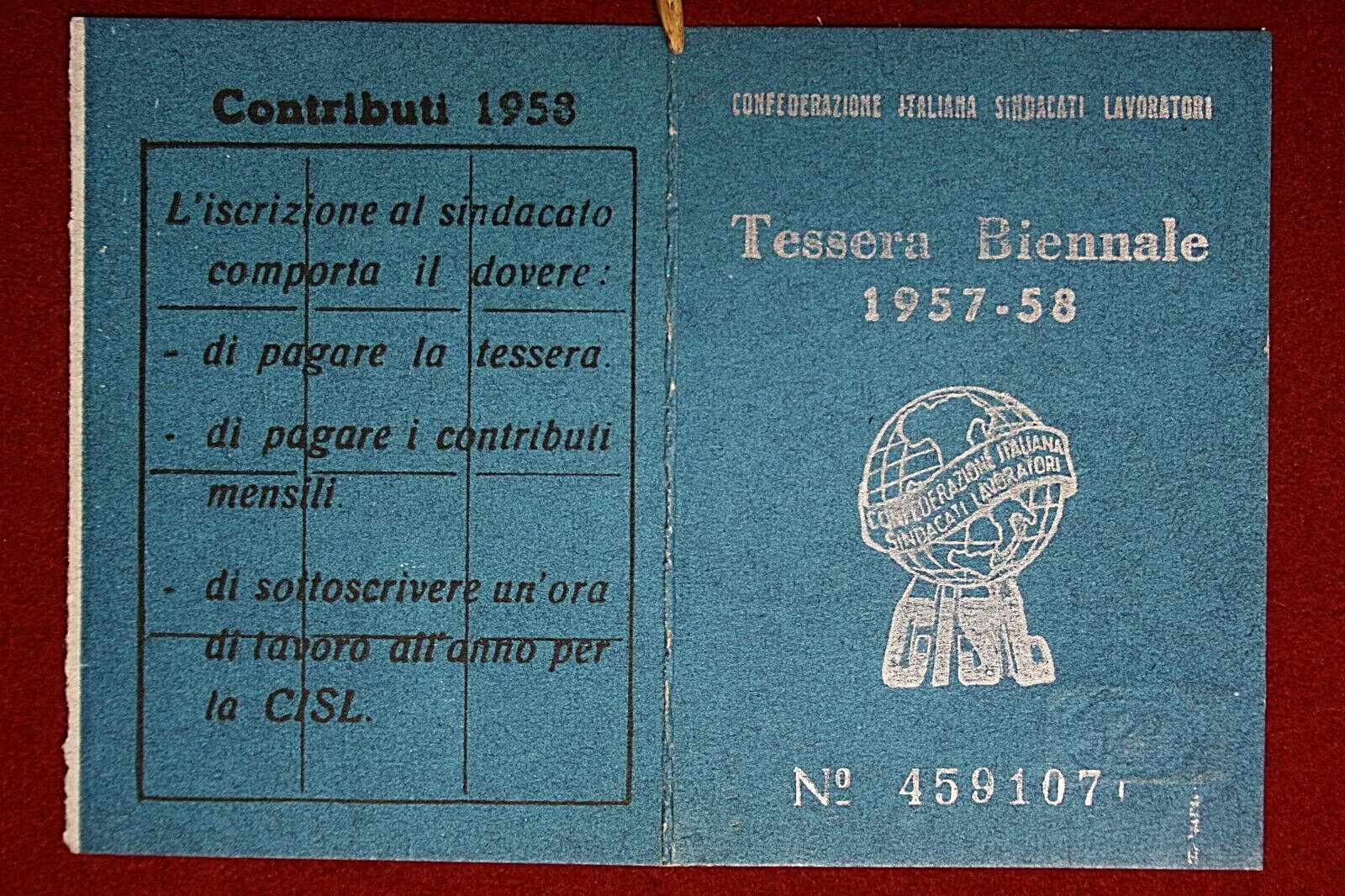 TESSERA Biennale 1957/58 CISL VERONA #T202