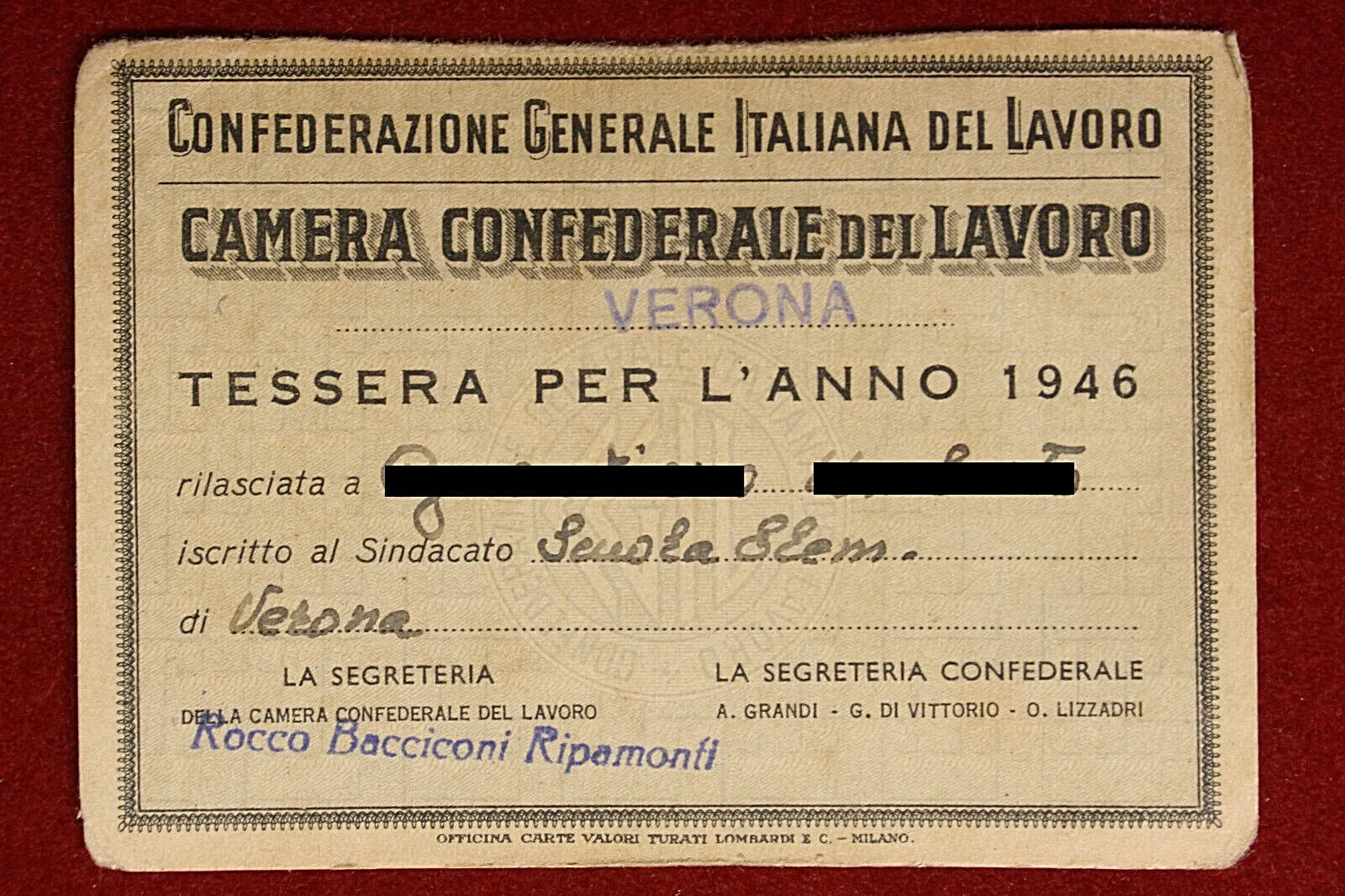 TESSERA Camera Confederale del Lavoro VERONA 1946 #T283