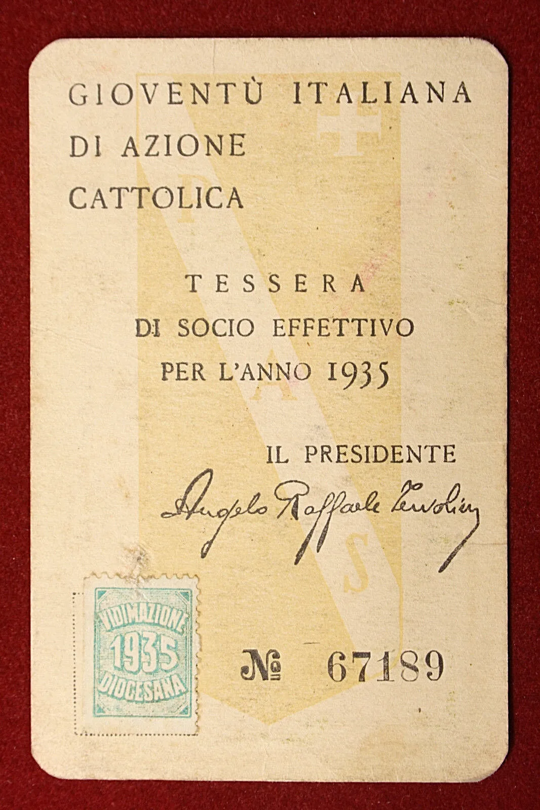 Tessera Gioventù Italiana di Azione Cattolica 1935 VERONA #T403