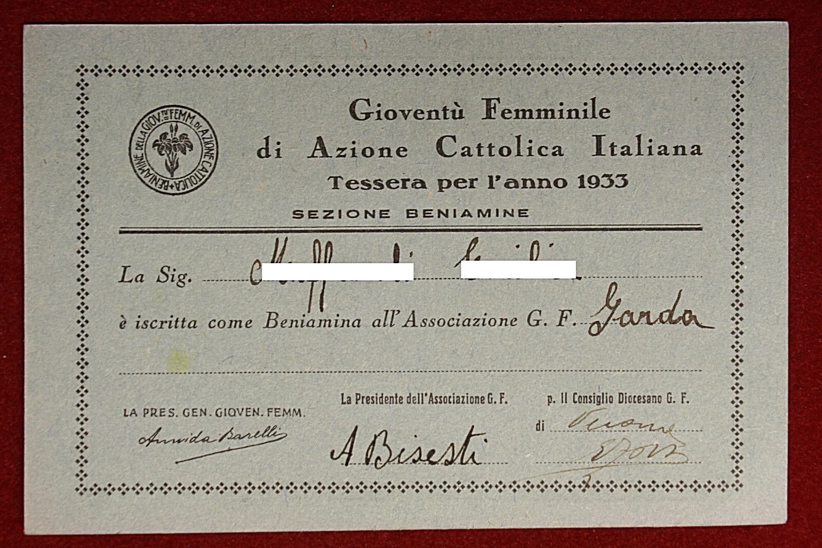 Tessera Gioventù Femminile di Azione Cattolica Italiana 1933 GARDA (VR) #T404