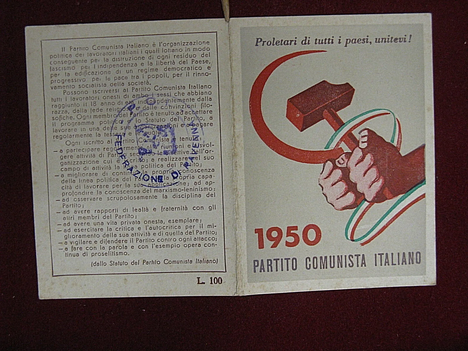 TESSERA PCI Partito Comunista Italiano 1950 LAVEZZOLA #T126